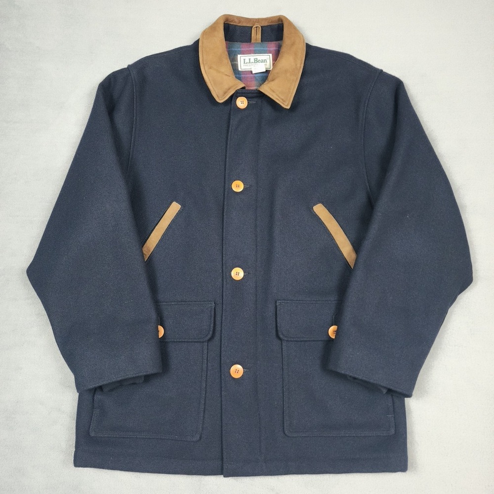 Vintage LL Bean Wool Field Coat Mens Medium Blue Plaid Chore Jacket Made USA